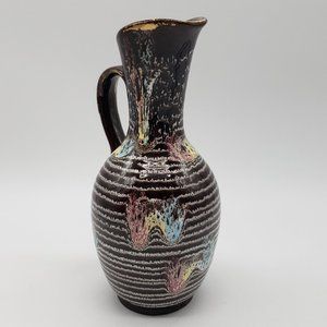 German Brown Gold Gilt White Pink Blue Yellow Ribbed Art Pottery Vase Pitcher